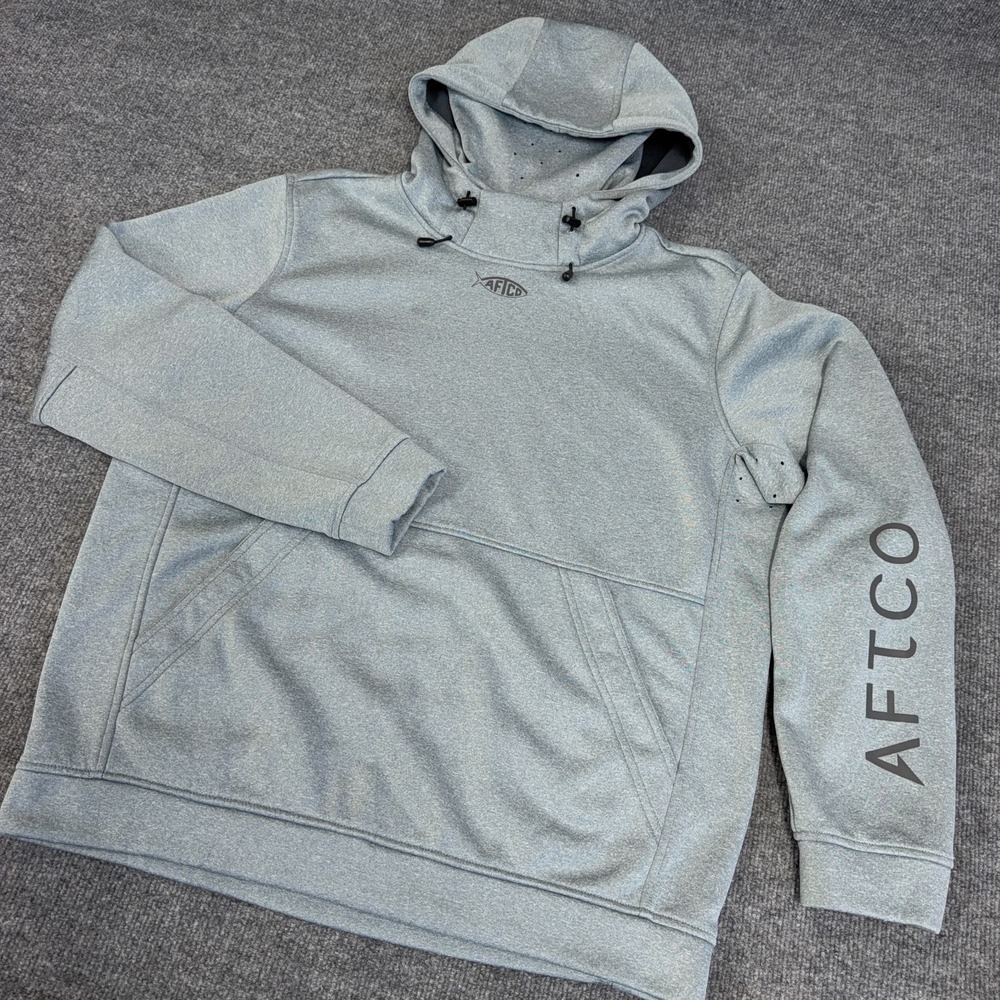 AFTCO Reaper Hoodie Men Large Gray Gaiter Fleece Fishing Logo Pockets *READ*